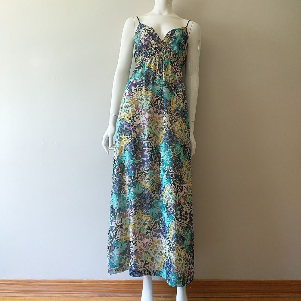 ANA A New Approach Maxi Dress S Blue Floral Art To Wear Empire V Neck Lined